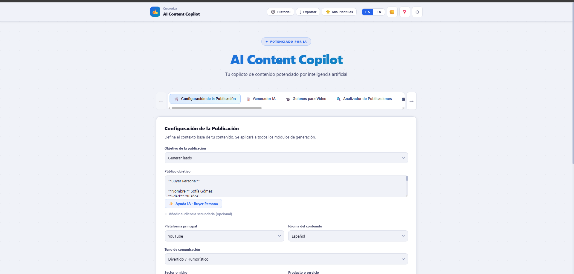 AI Content Copilot — Publication Setup in Spanish with AI Buyer Persona builder, platform selector, tone and niche fields, and module navigation bar showing all 13 tools