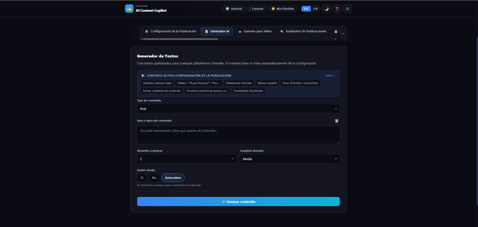 AI Content Copilot — AI Generator module in dark theme showing active context chips from Publication Setup including goal, audience, platform, language, tone and creativity settings, with content type and idea input fields