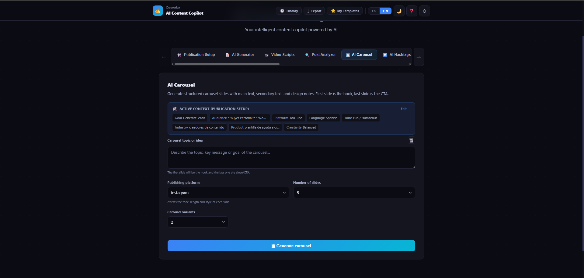 AI Content Copilot — AI Carousel module showing active context from Publication Setup, carousel topic input, publishing platform set to Instagram, number of slides set to 5, and Generate carousel button
