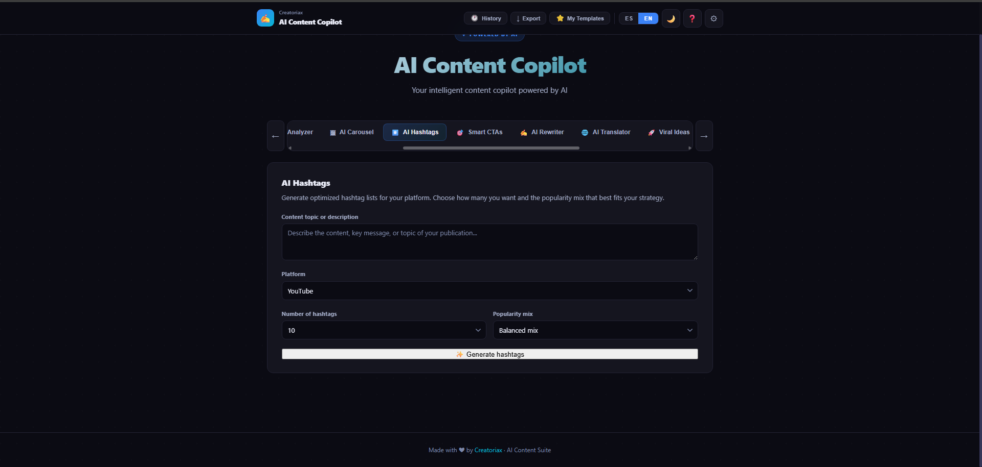 AI Content Copilot — AI Hashtags module showing the right side of the module navigation bar with Smart CTAs, AI Rewriter, AI Translator and Viral Ideas tabs visible, platform and popularity mix selectors
