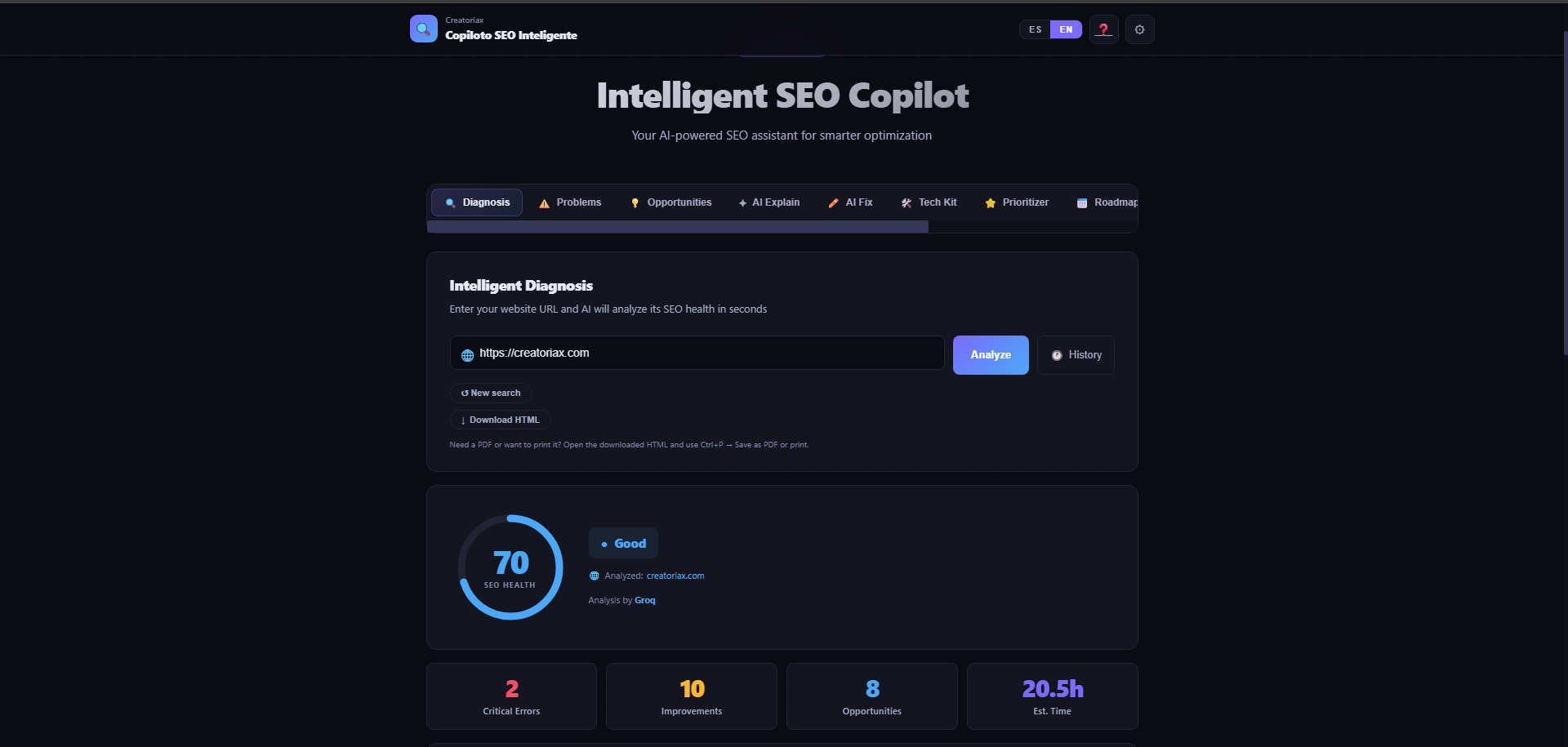AI SEO Copilot — Main dashboard with SEO Health score and module navigation