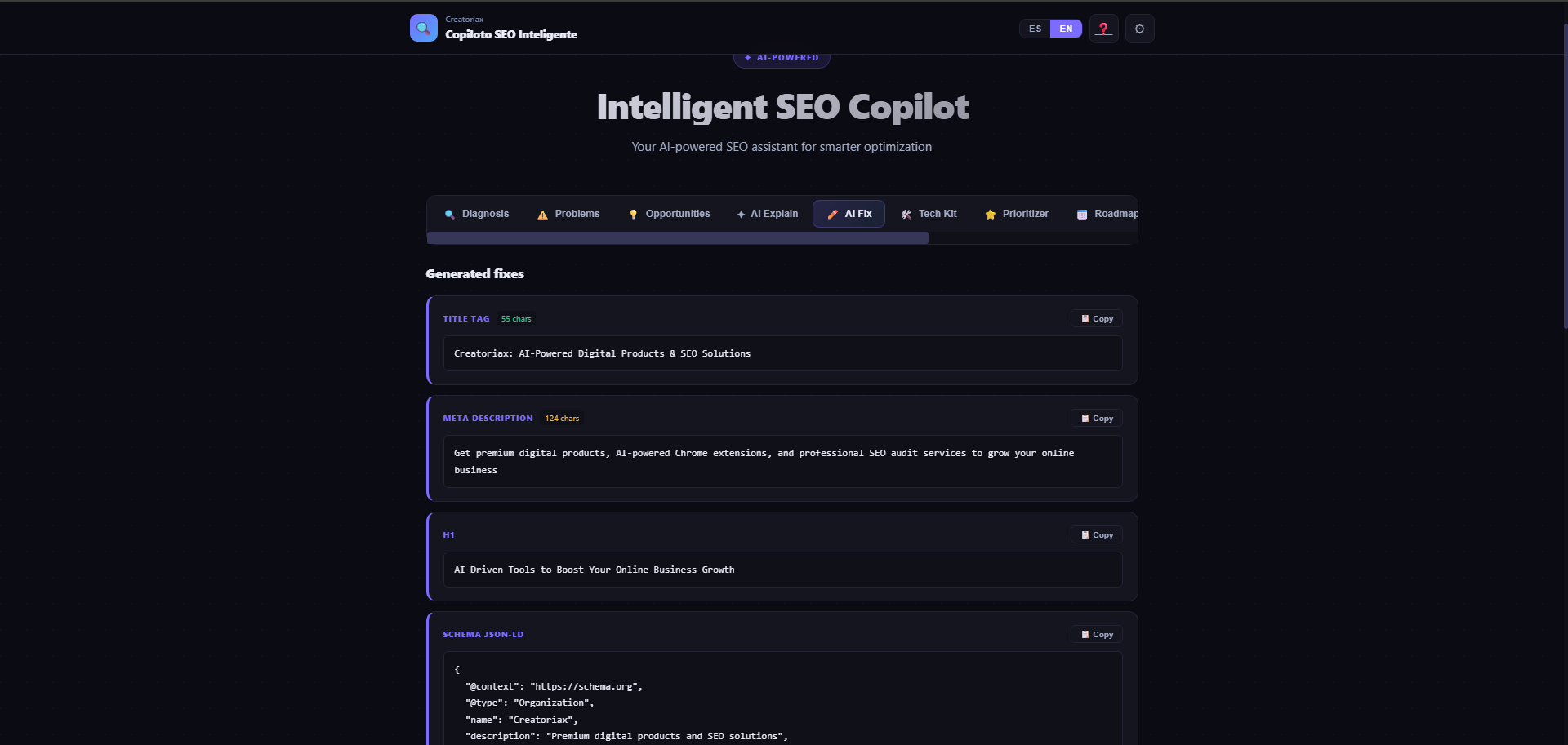 AI SEO Copilot — AI Fix module with generated Title Tag, Meta Description and Schema markup