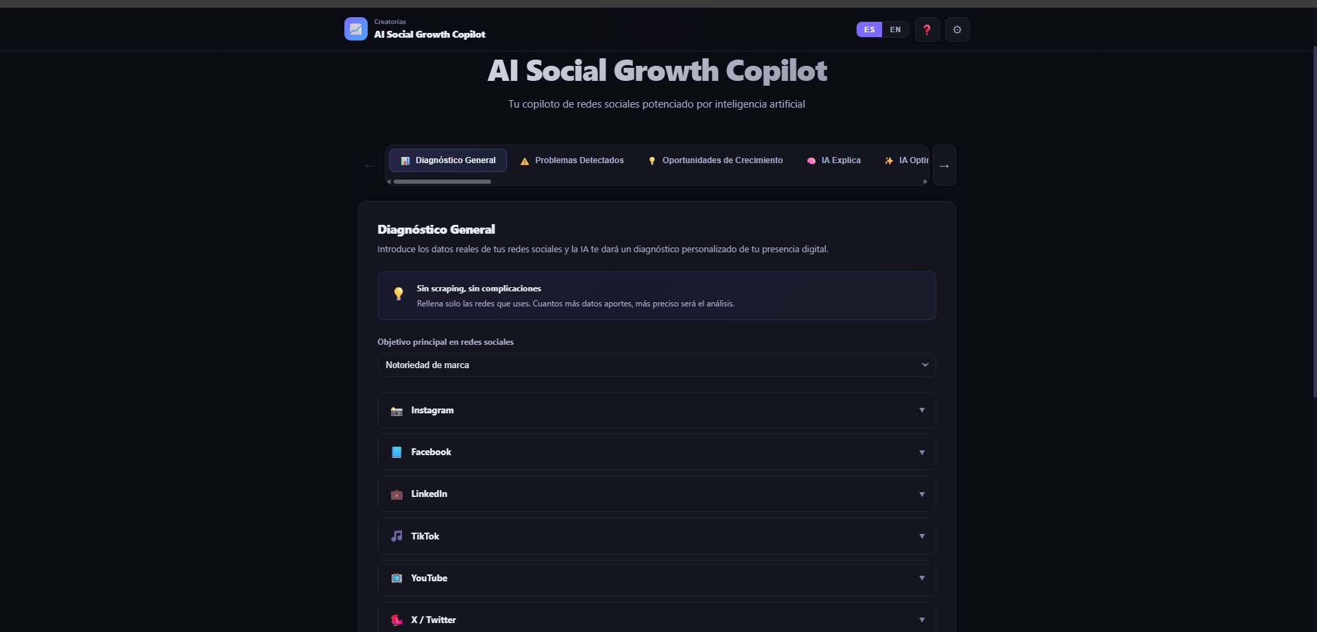 AI Social Growth Copilot interface in Spanish showing the General Diagnosis input form with expandable sections for Instagram, Facebook, LinkedIn, TikTok, YouTube and X Twitter, demonstrating the bilingual ES slash EN toggle in the header