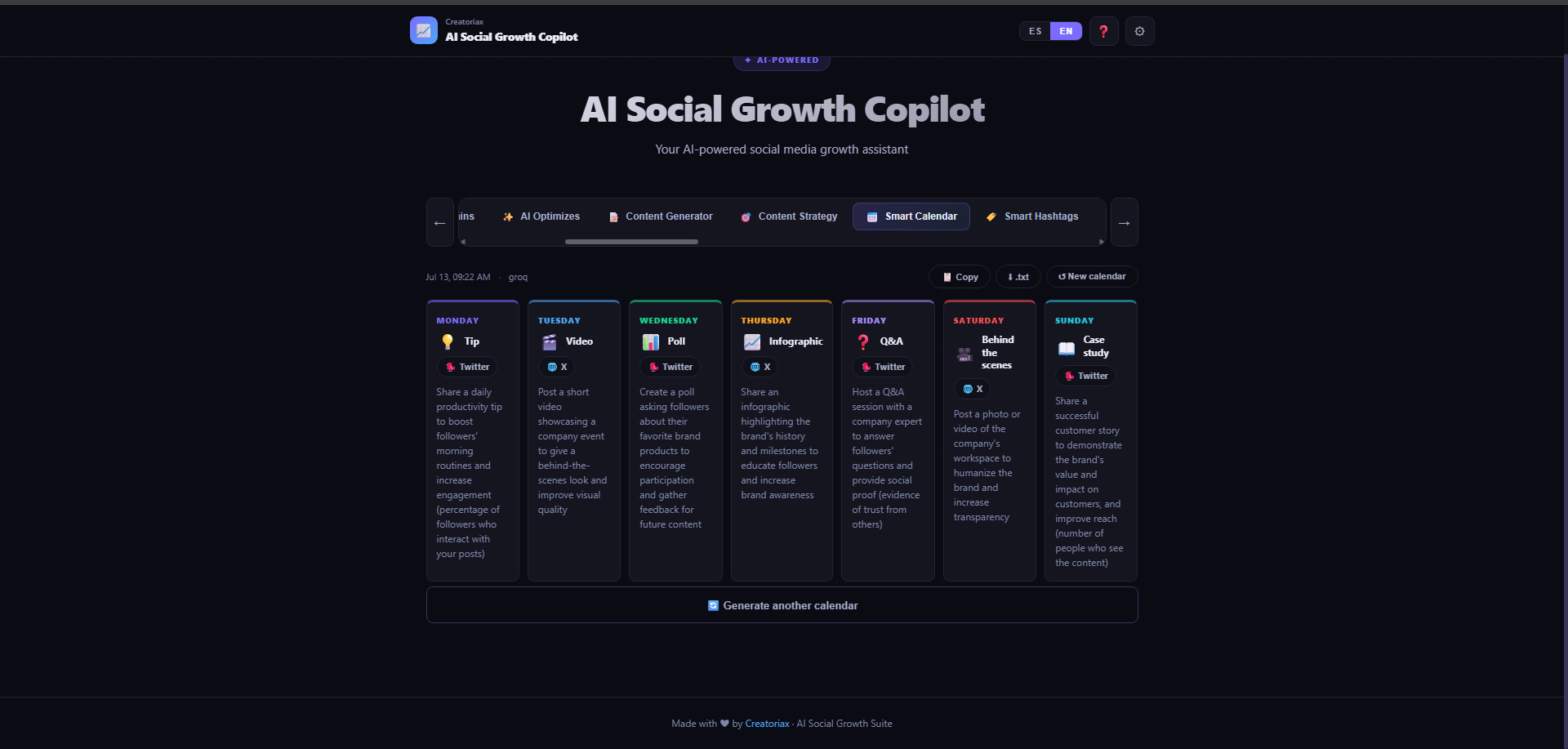 Smart Calendar module showing a full AI-generated weekly content plan with content type and platform for each day of the week, including formats like Tip, Video, Poll, Infographic, Q and A, Behind the scenes, and Case study across Twitter and X