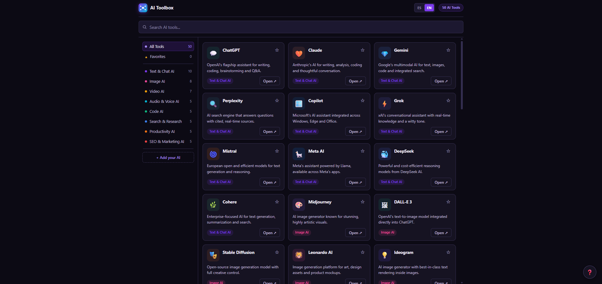 AI Toolbox — English interface showing all 50+ AI tools in the directory with category sidebar