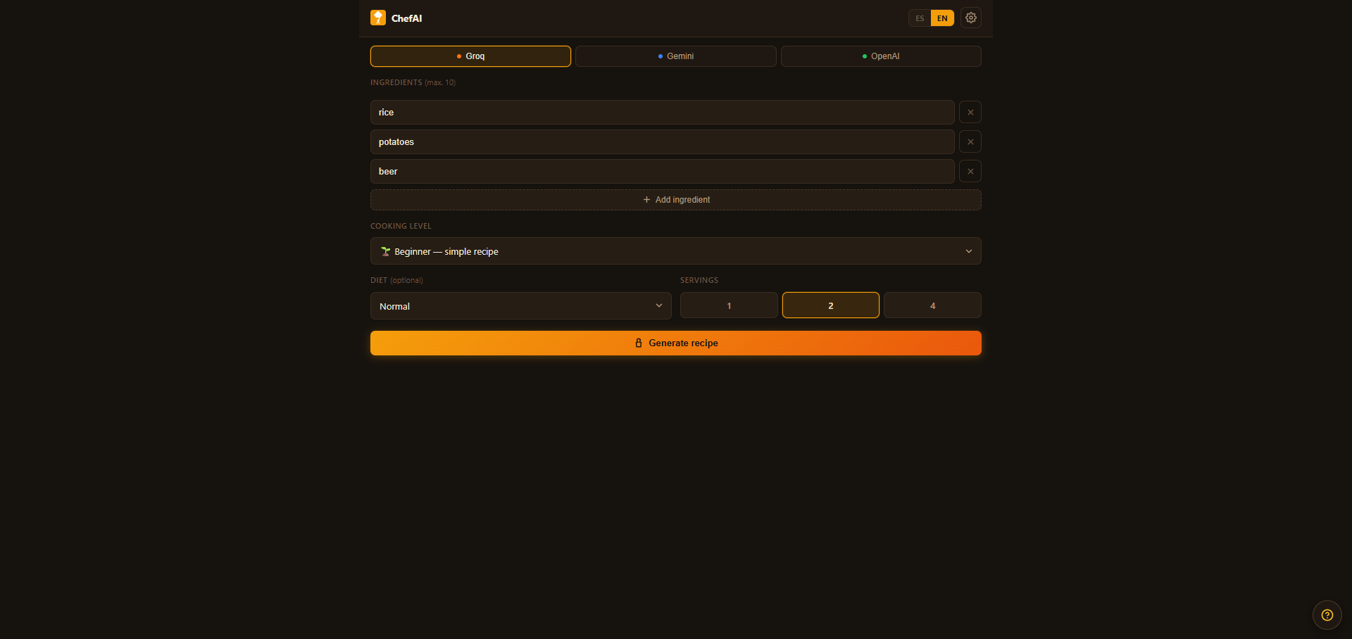 ChefAI — English interface showing the input form with ingredients (rice, potatoes, beer), Beginner cooking level and Generate recipe button