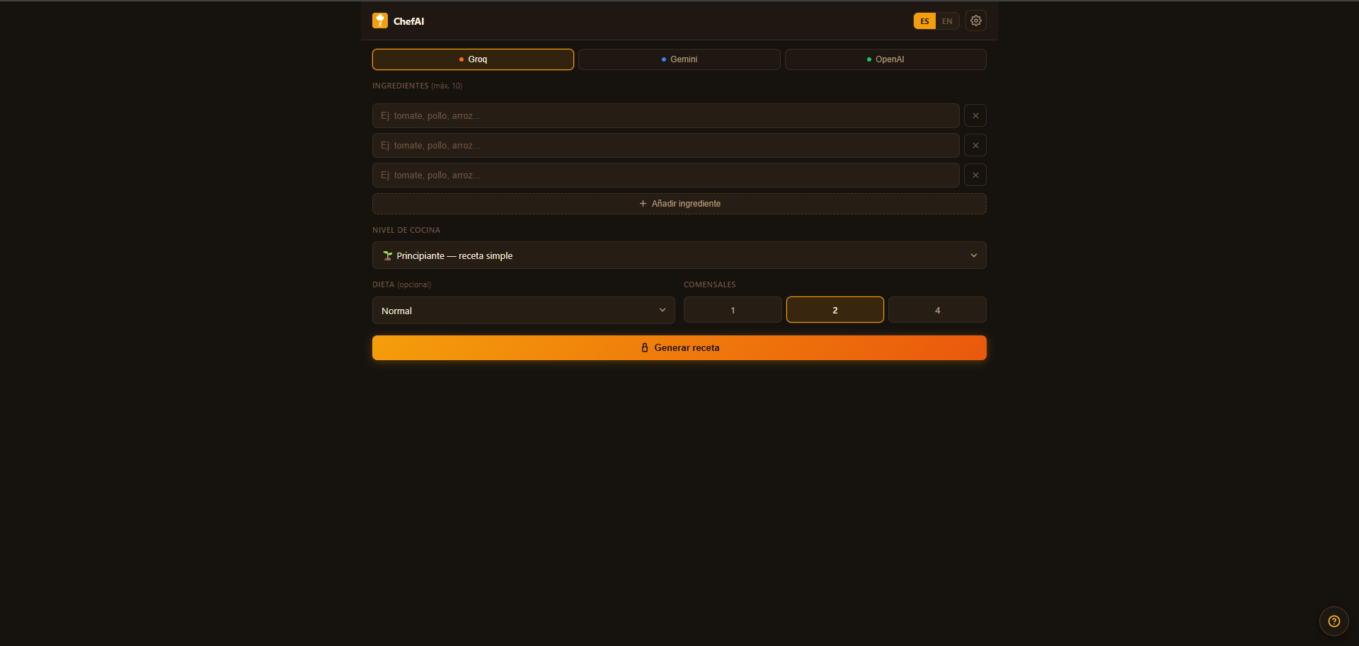 ChefAI — interfaz en español con toggle ES activo, selector de proveedor de IA, campos de ingredientes y botón Generar receta