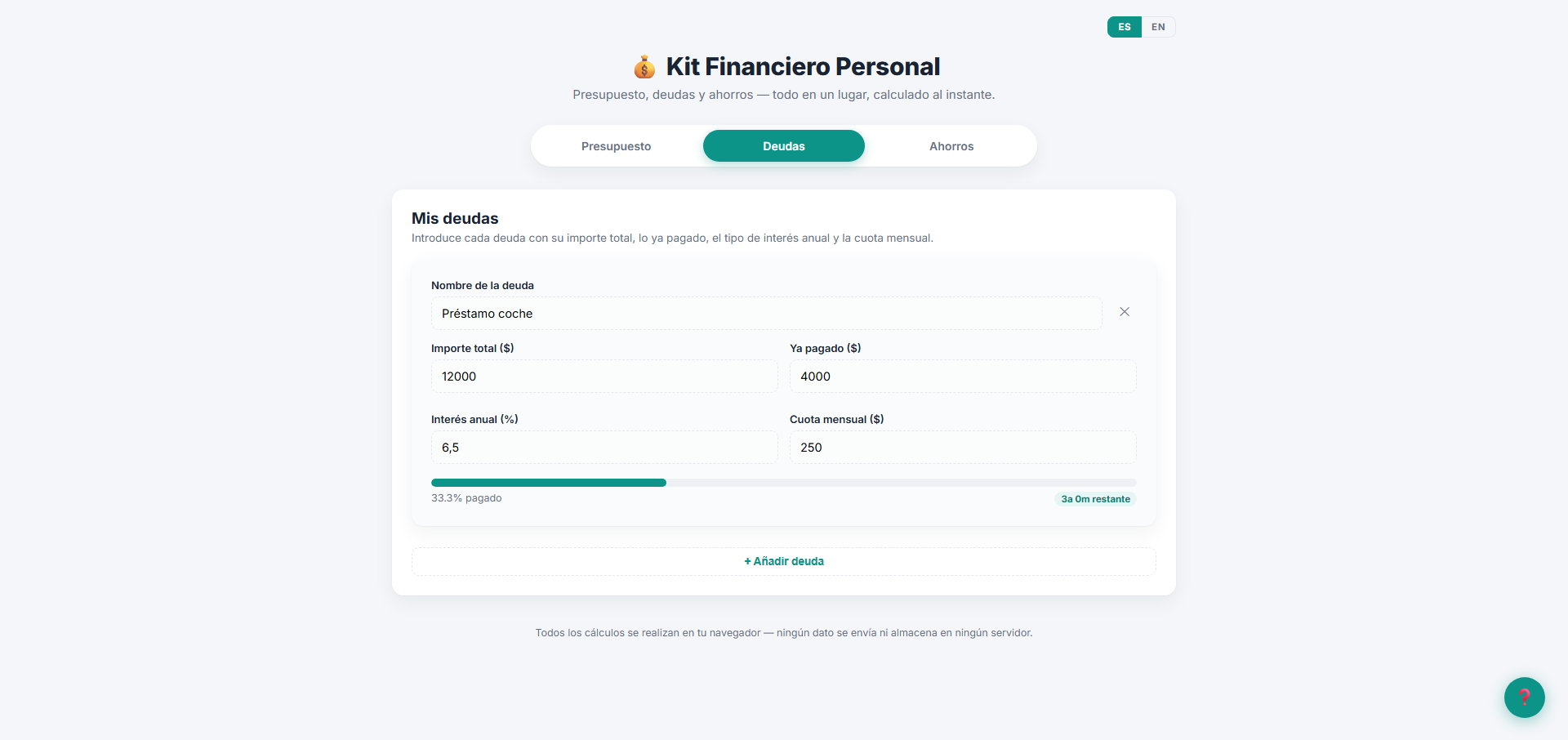 Finance Kit — Debts module in Spanish showing a car loan (Préstamo coche) with total amount $12,000, already paid $4,000 (33.3%), annual interest rate 6.5%, monthly payment $250, and a progress bar showing 3 years remaining