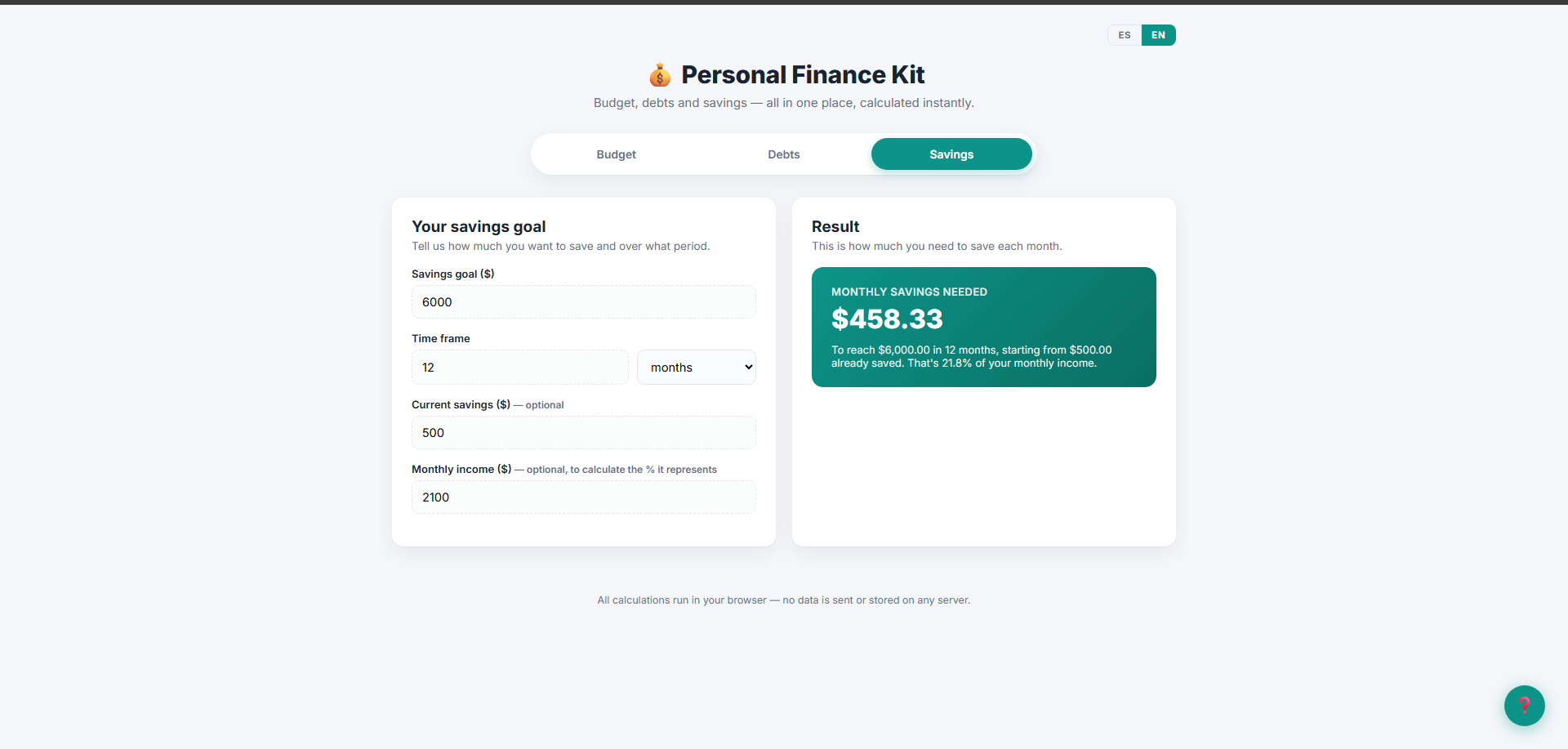 Finance Kit — Savings module in English showing a savings goal of $6,000 over 12 months with $500 already saved and $2,100 monthly income, calculating a required monthly savings of $458.33 — which is 21.8% of monthly income — with the EN/ES language toggle visible in the top right corner