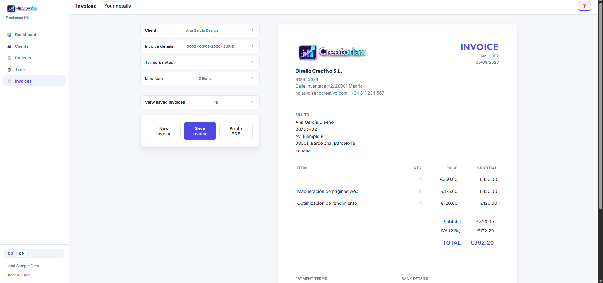 Freelancer Kit — Invoice module showing a real invoice preview with line items, IVA 21% and total €992.20