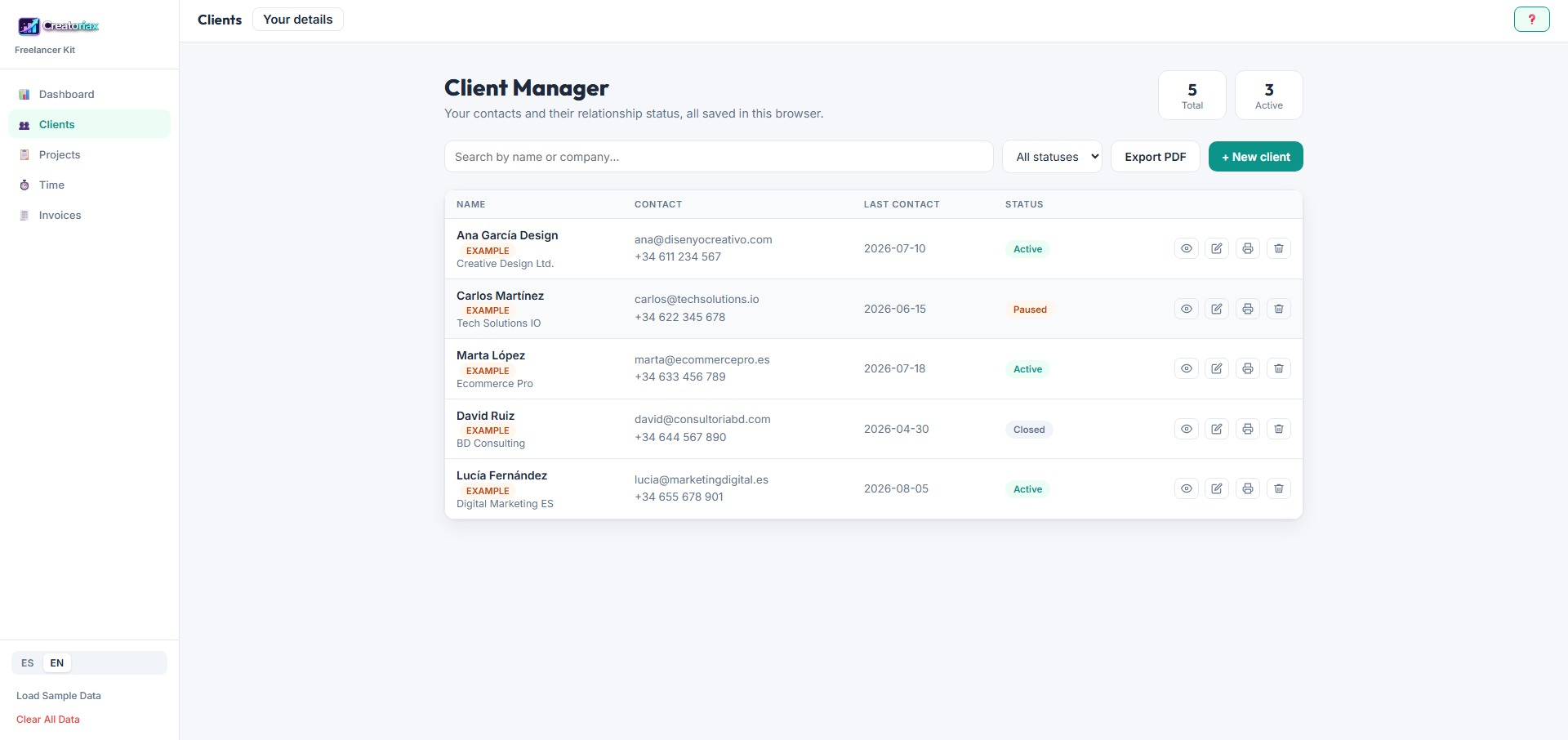 Freelancer Kit — Client Manager showing a list of 5 clients with contact details and active/paused/closed status
