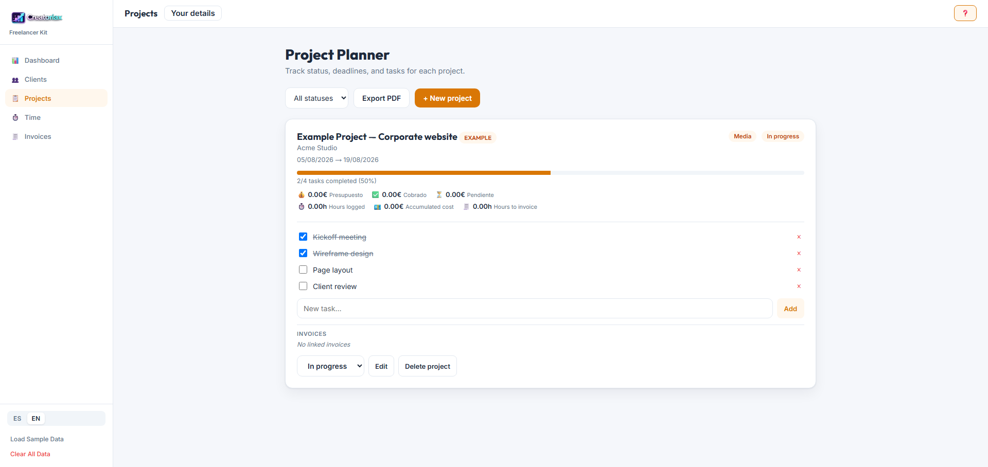 Freelancer Kit — Project Planner showing a project with progress bar, budget tracking and task checklist