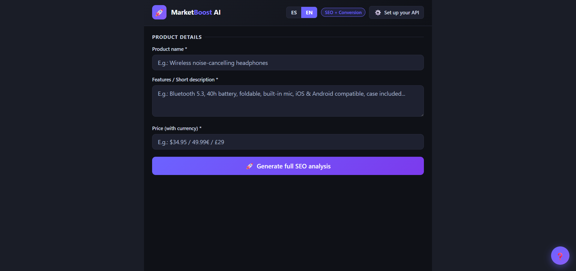 MarketBoost AI — Input form in English showing Product name, Features / Short description, and Price fields with a Generate full SEO analysis button