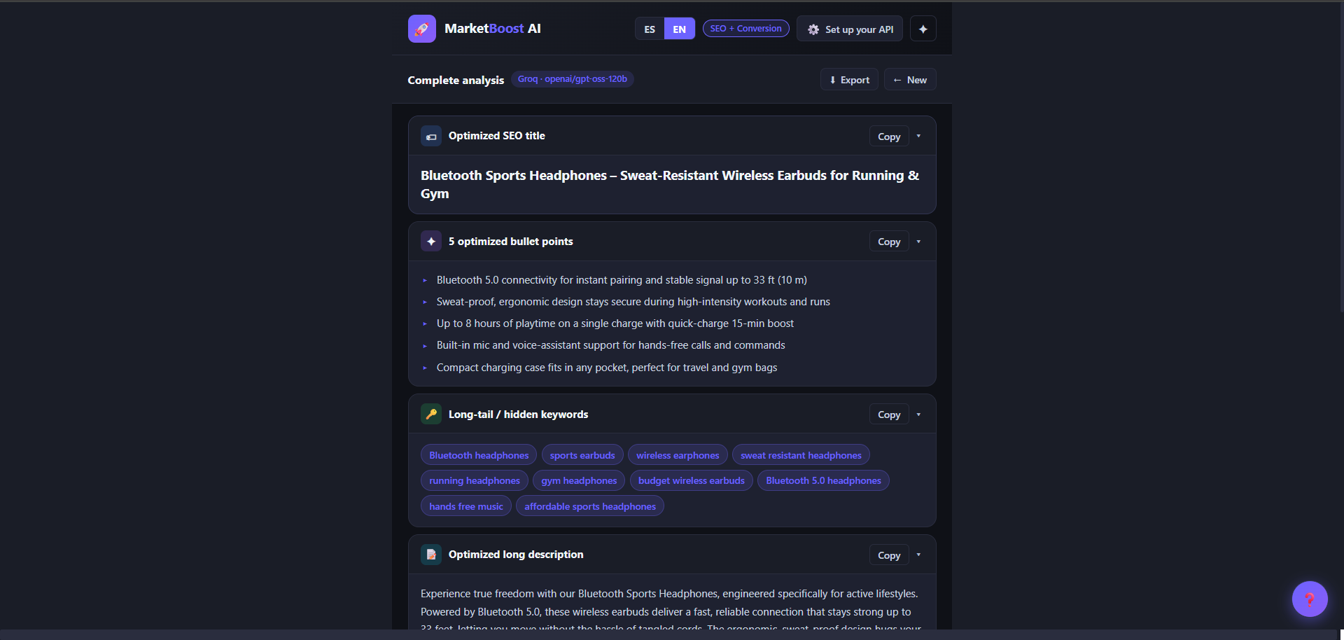 MarketBoost AI — Complete analysis results in English showing Optimized SEO title for Bluetooth Sports Headphones, 5 optimized bullet points, Long-tail / hidden keywords as pill tags, and start of Optimized long description — powered by Groq openai/gpt-oss-120b