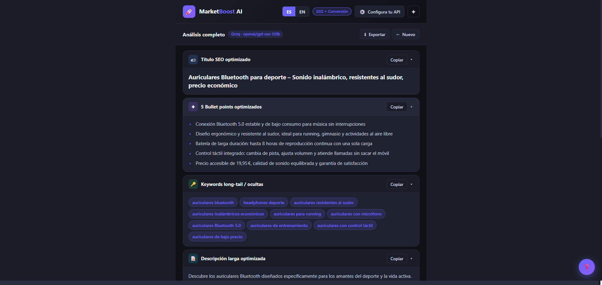 MarketBoost AI — Análisis completo en español con Título SEO optimizado para auriculares Bluetooth, 5 Bullet points optimizados, Keywords long-tail / ocultas en formato etiqueta, e inicio de Descripción larga optimizada — modelo Groq openai/gpt-oss-120b