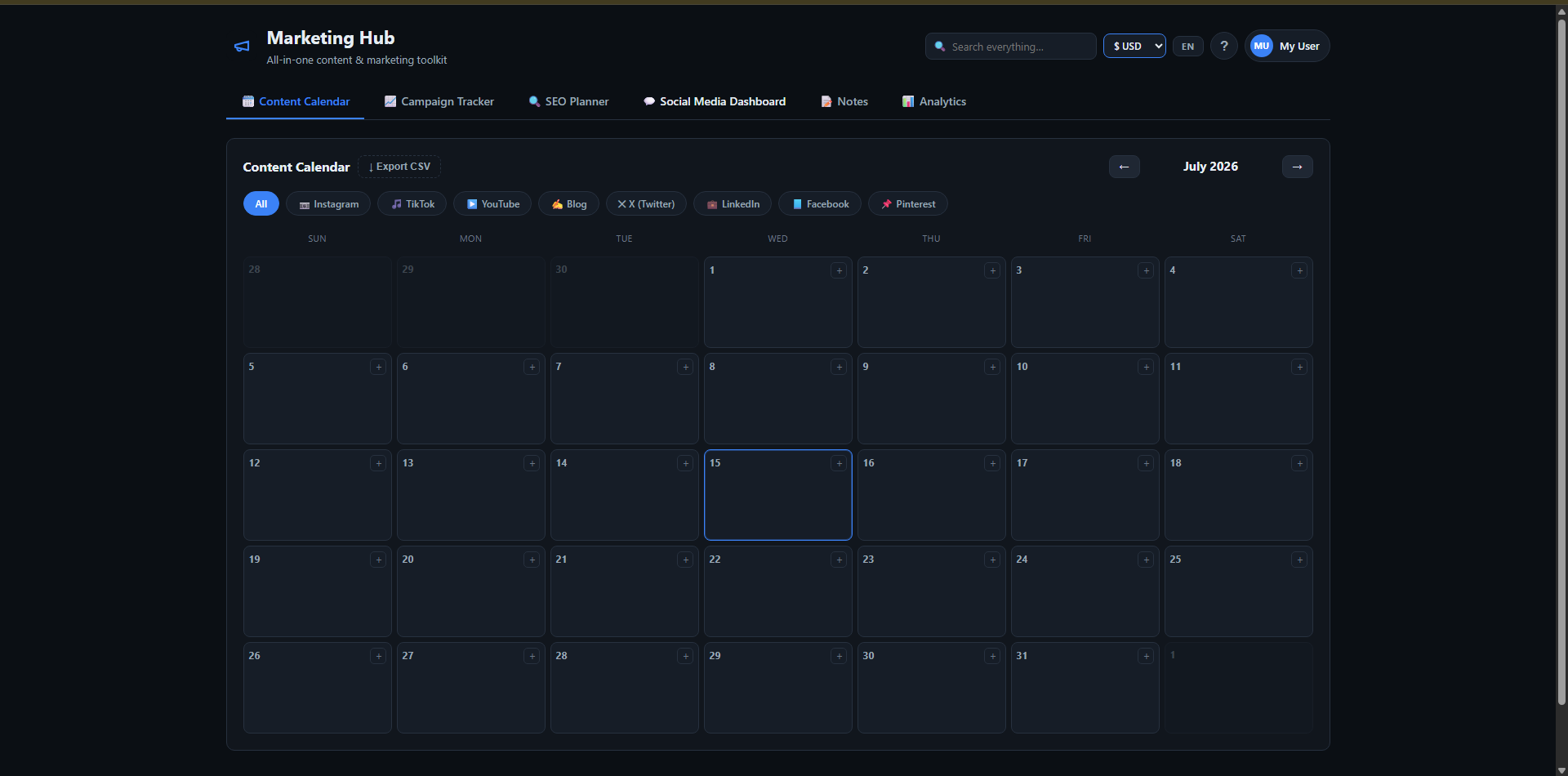 Marketing OS — Content Calendar EN view showing the 6-tab navigation (Content Calendar, Campaign Tracker, SEO Planner, Social Media Dashboard, Notes, Analytics), platform filters (Instagram, TikTok, YouTube, Blog, X, LinkedIn, Facebook, Pinterest) and monthly grid for July 2026