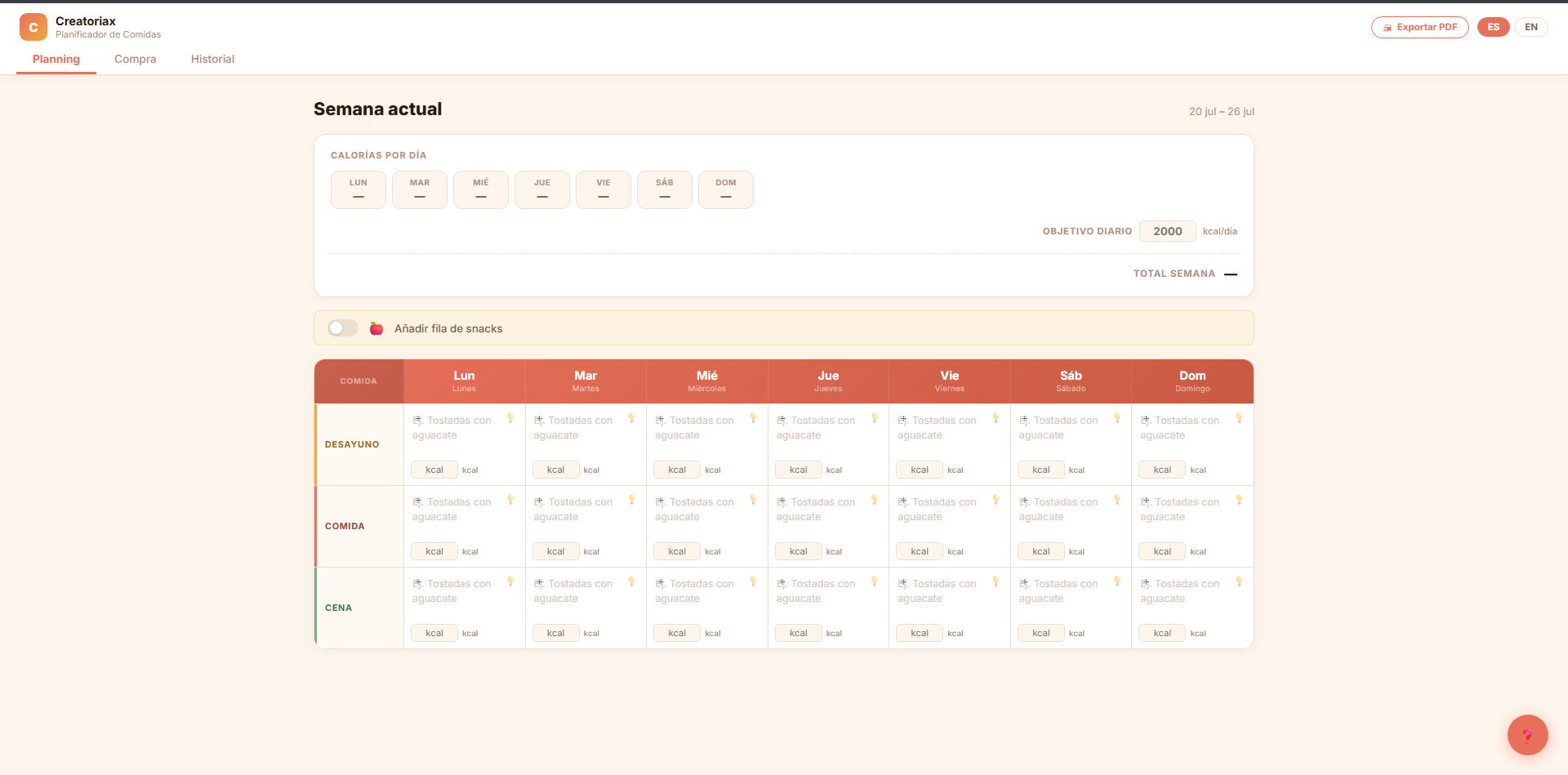 Meal Planner Pro — Weekly planner in Spanish showing the full 7-day grid (Monday to Sunday) with Desayuno, Comida and Cena rows for each day, a daily calorie tracker showing calories per day at the top, a 2000 kcal daily goal input, a snacks row toggle, and an Export PDF button — all in the Creatoriax Meal Planner interface
