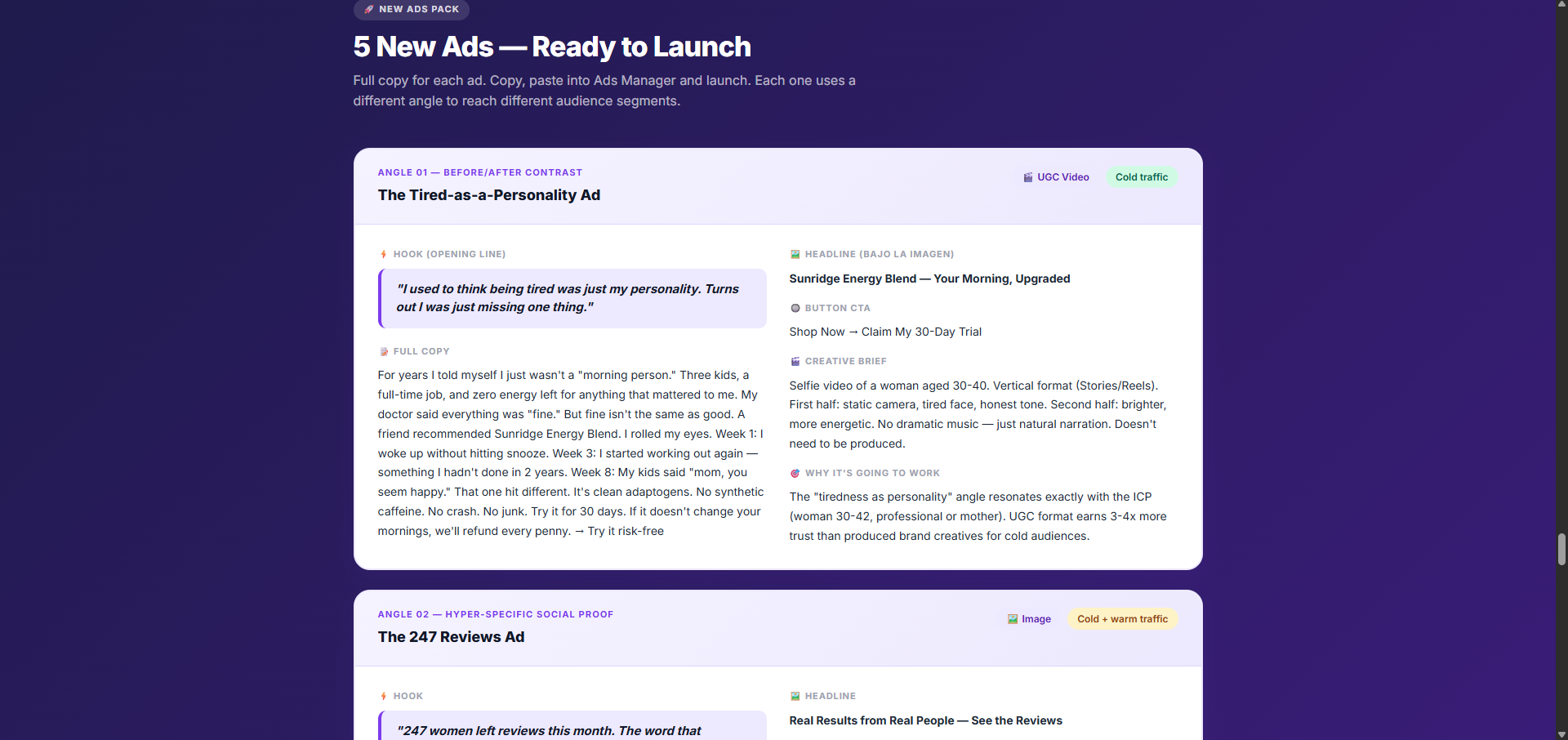 Active ads analysis showing 5 ads ready to launch with ad-to-landing coherence review, creative contrast evaluation, and social proof assessment for each ad variant