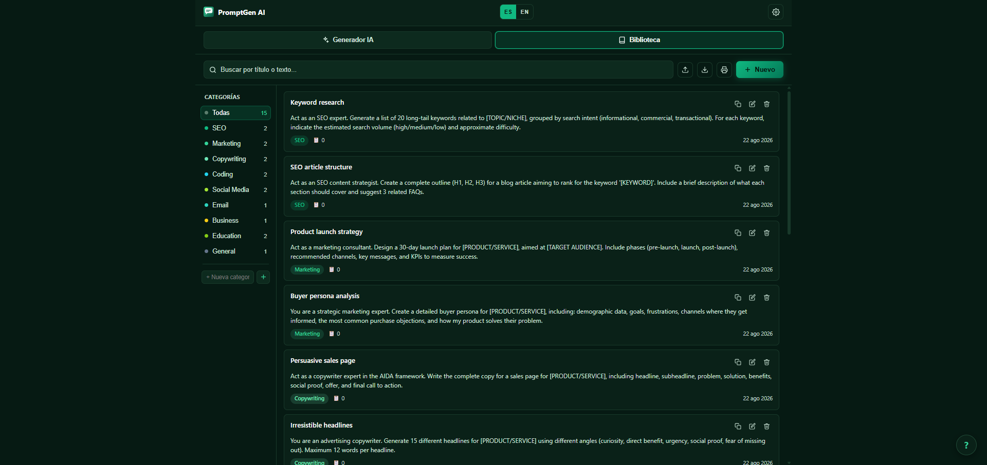 PromptGen AI — Personal Library in Spanish showing categories sidebar (SEO, Marketing, Copywriting, Coding, Social Media) and organized prompt list