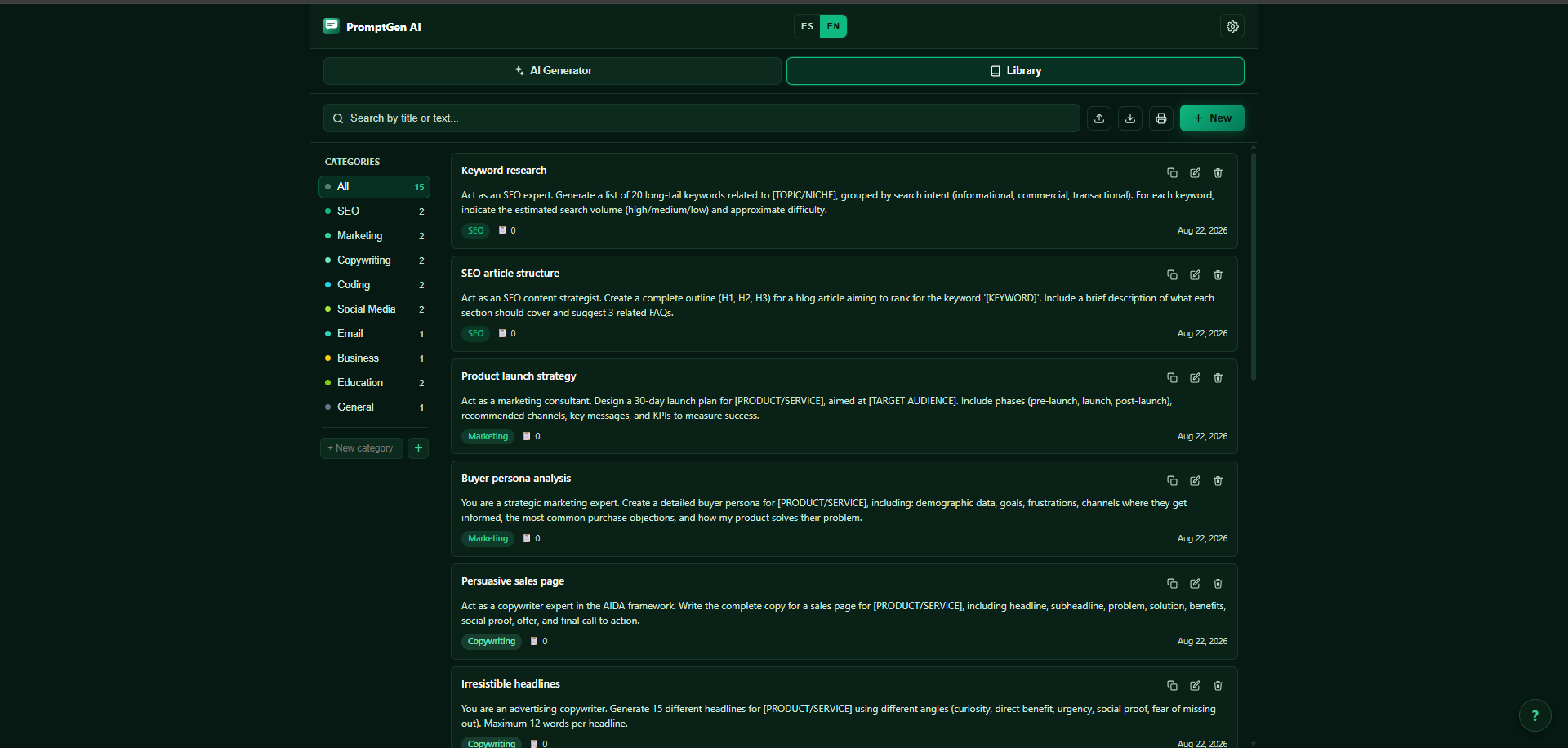 PromptGen AI — Personal Library in English showing All 15 prompts across SEO, Marketing, Copywriting and more categories