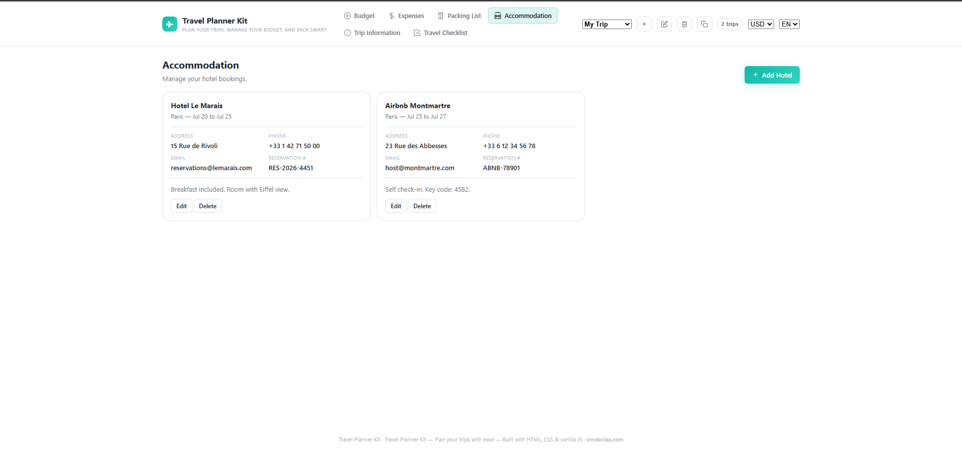 Travel Planner Kit — Accommodation module showing two hotel cards for Hotel Le Marais and Airbnb Montmartre with address, phone and reservation numbers